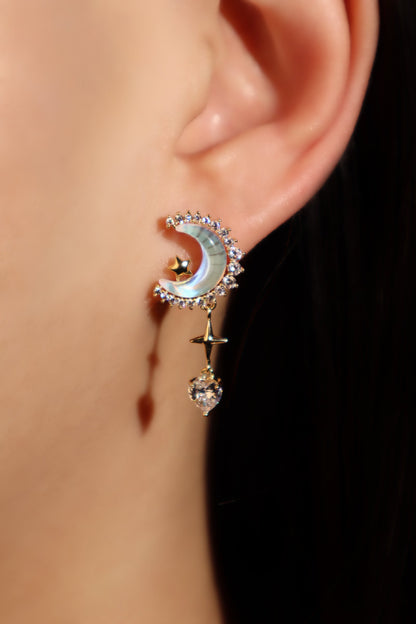 14K Real Gold Plated Moonstones Moon Heart Earrings