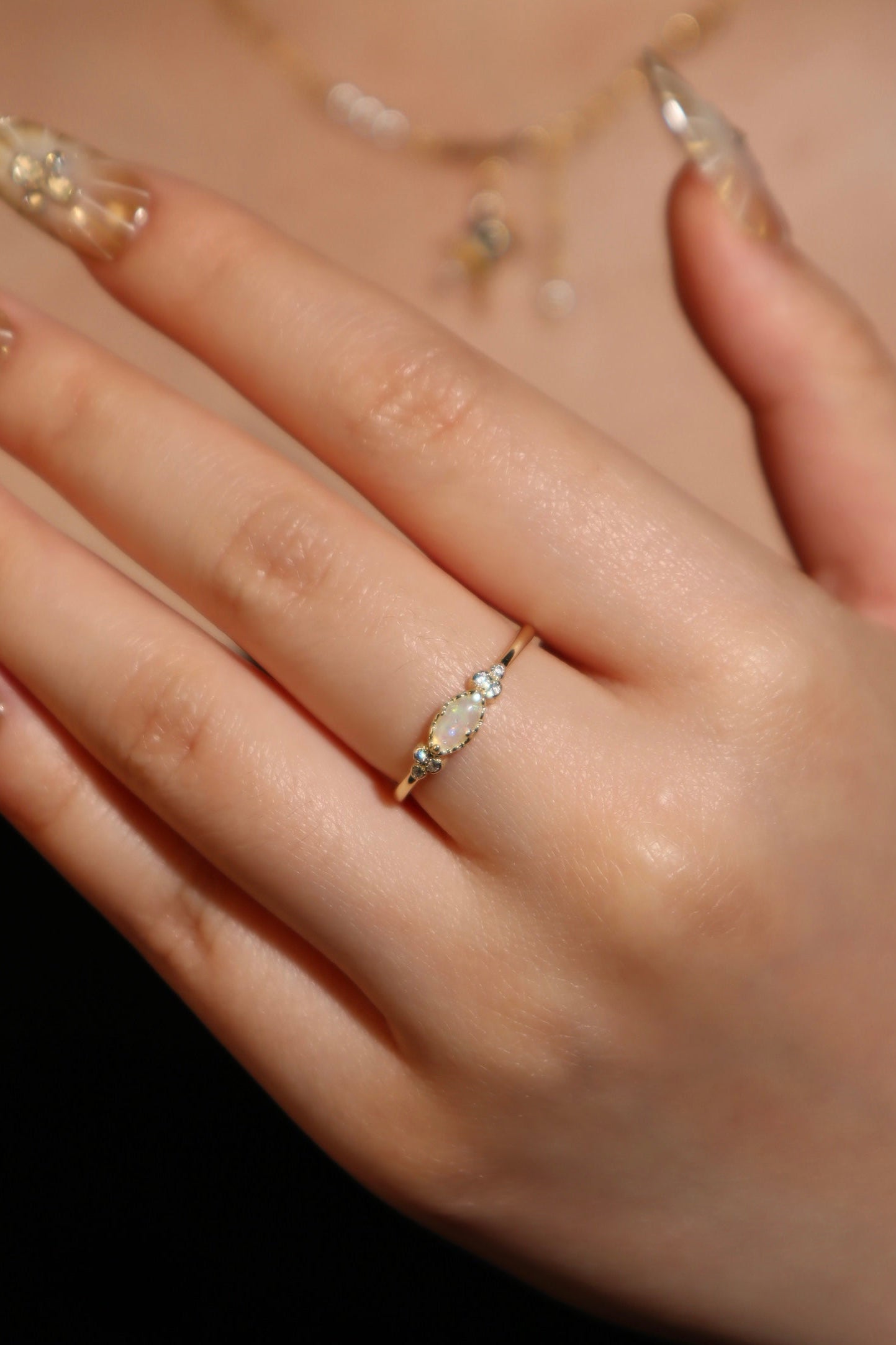 14K Real Gold Plated White Opal Diamonds Ring