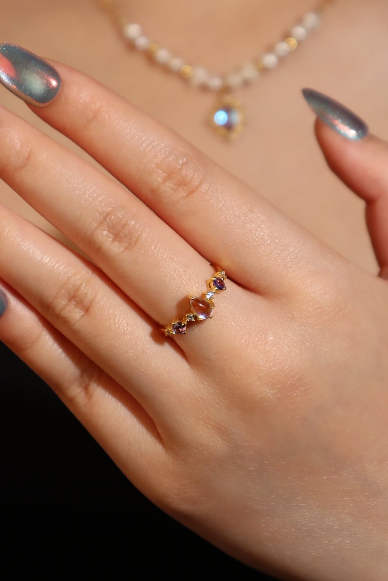 14K Real Gold Plated Gradient Purple Water Drop Ring