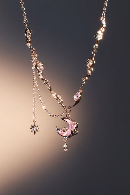 Palladium White Gold Plated Sparkle Rose Moon Necklace