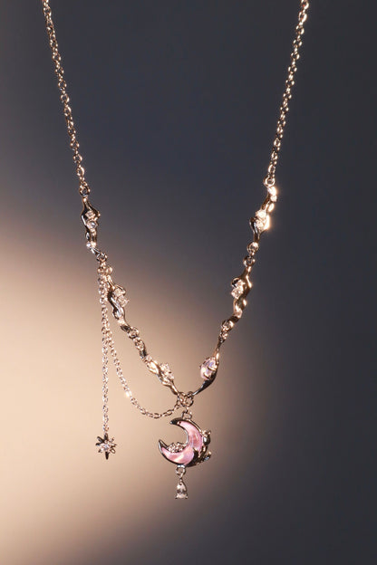Palladium White Gold Plated Sparkle Rose Moon Necklace