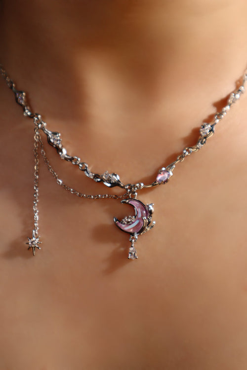 Palladium White Gold Plated Sparkle Rose Moon Necklace