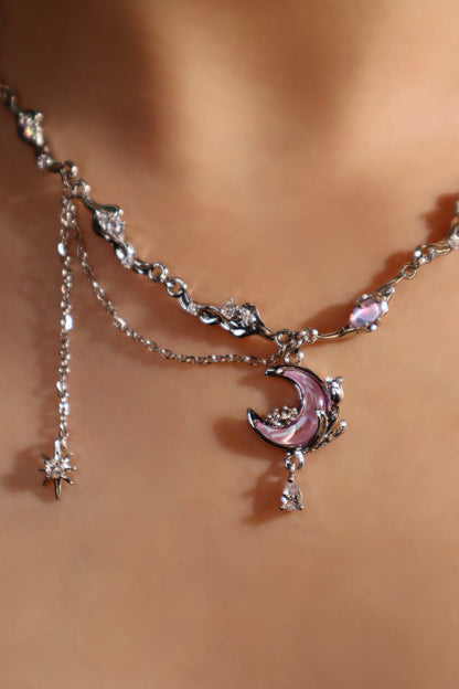 Palladium White Gold Plated Sparkle Rose Moon Necklace