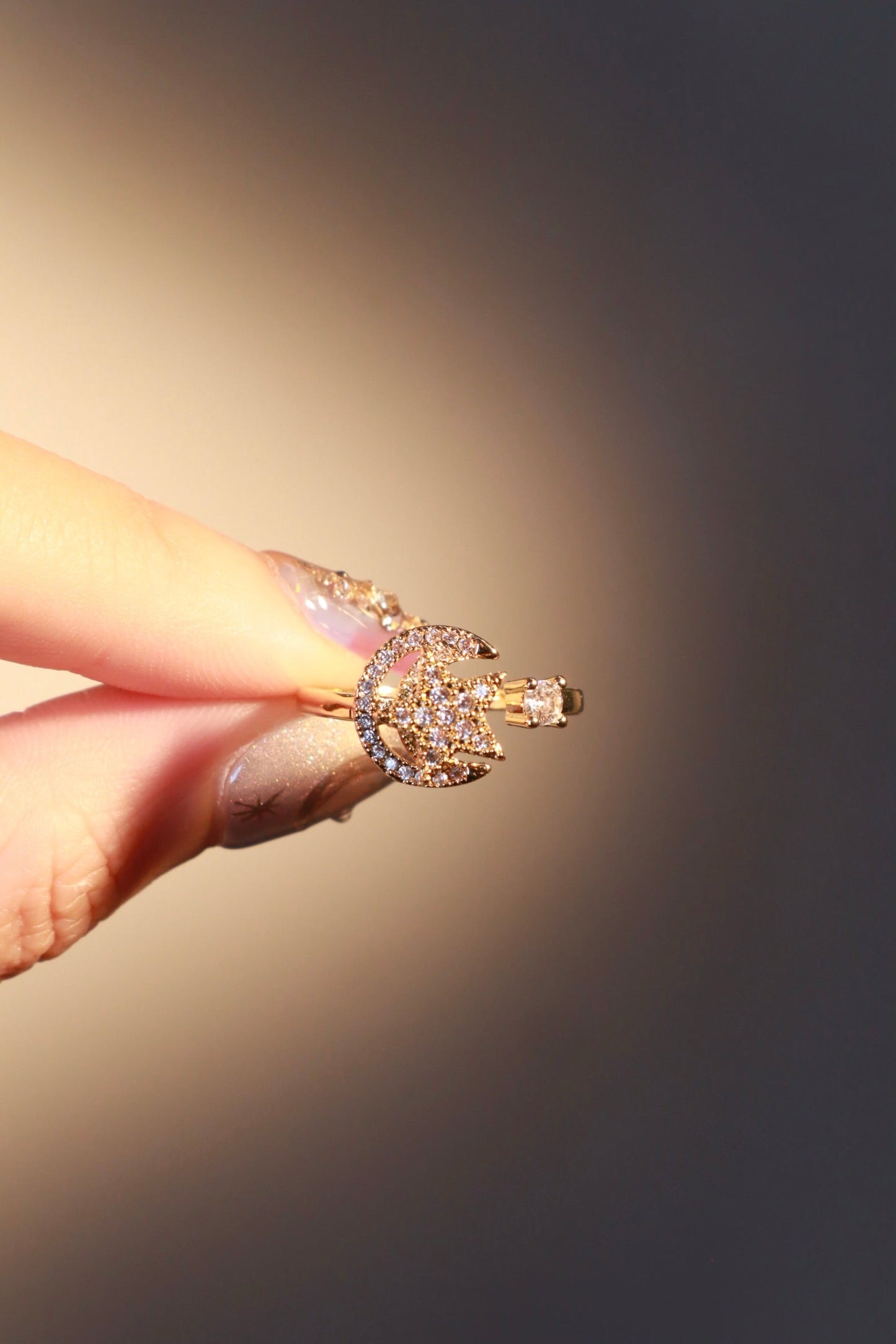 18K Gold Stainless Steel Spinning Moon Star Ring