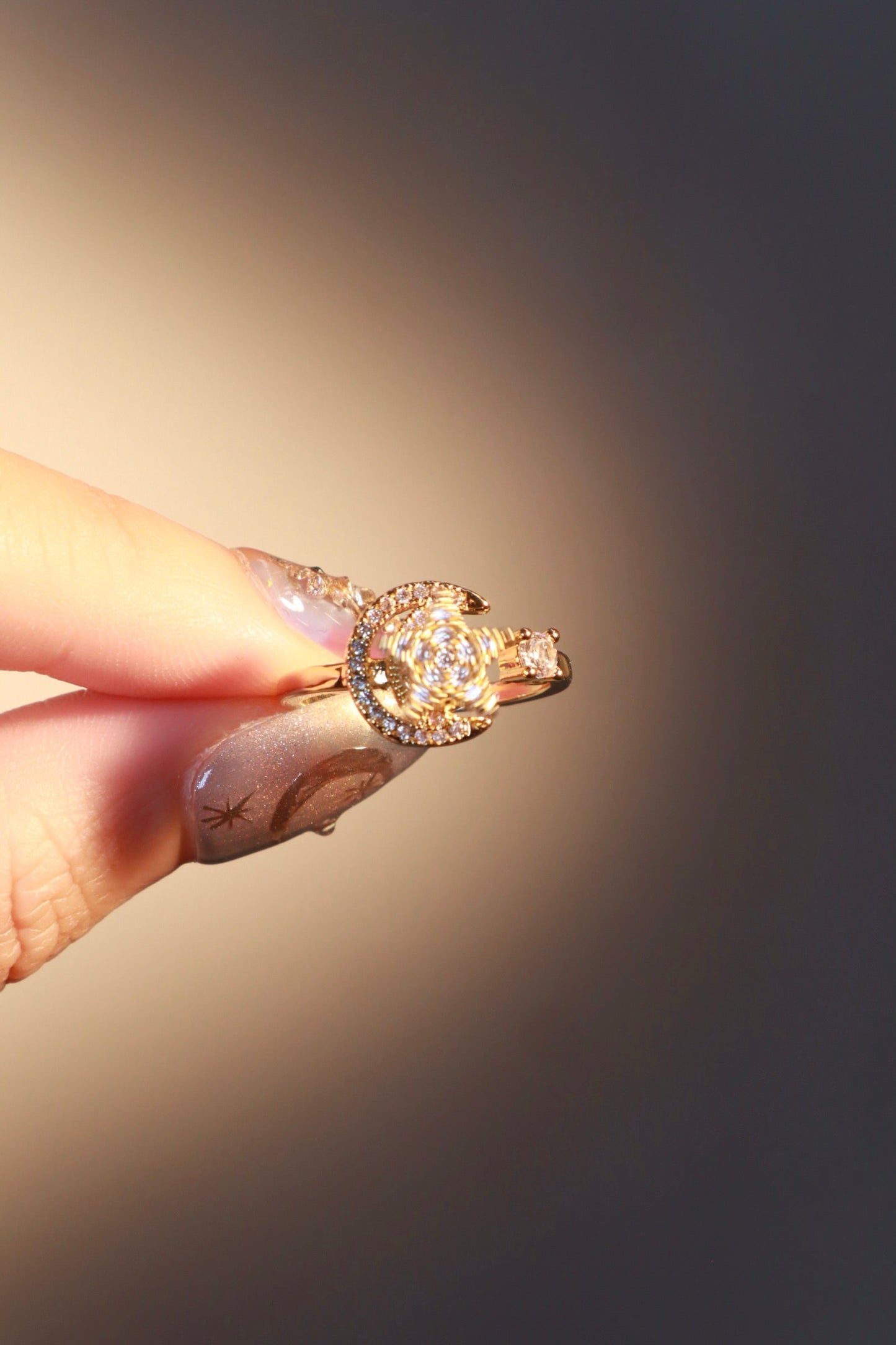 18K Gold Stainless Steel Spinning Moon Star Ring
