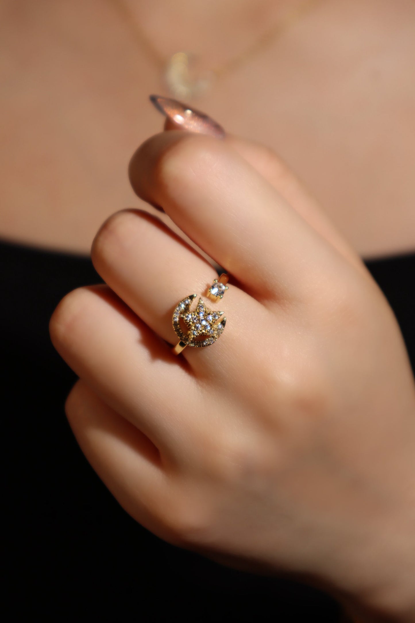 18K Gold Stainless Steel Spinning Moon Star Ring