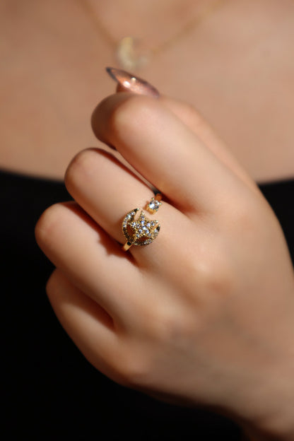 18K Gold Stainless Steel Spinning Moon Star Ring