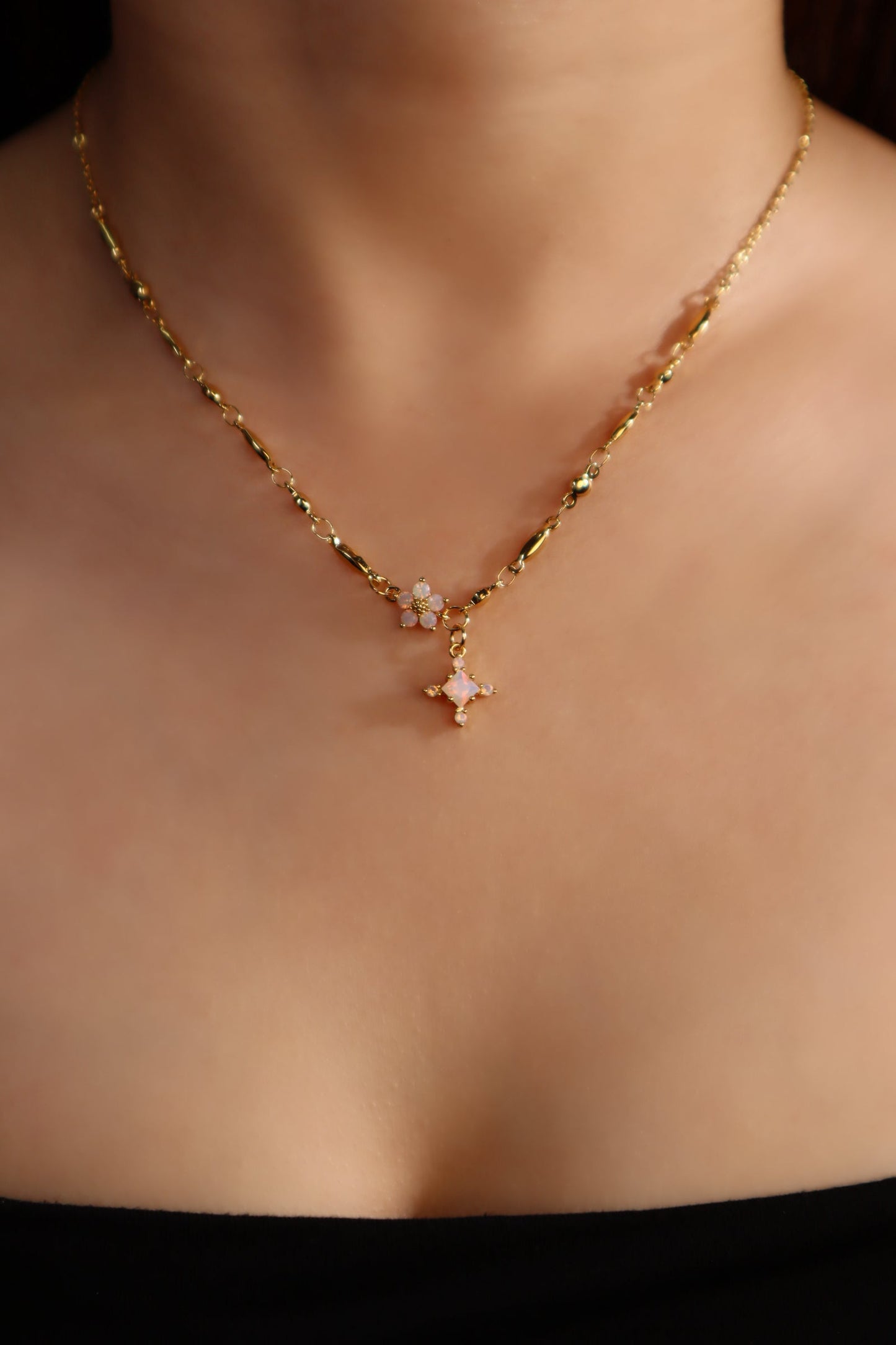18K Real Gold Plated Opal Starlight Cross Necklace