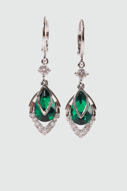 Palladium White Gold Plated Green Gem Droplet Earrings