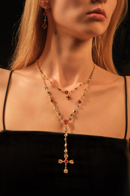 18K Real Gold Plated Red Gem Cross Lariat Necklace