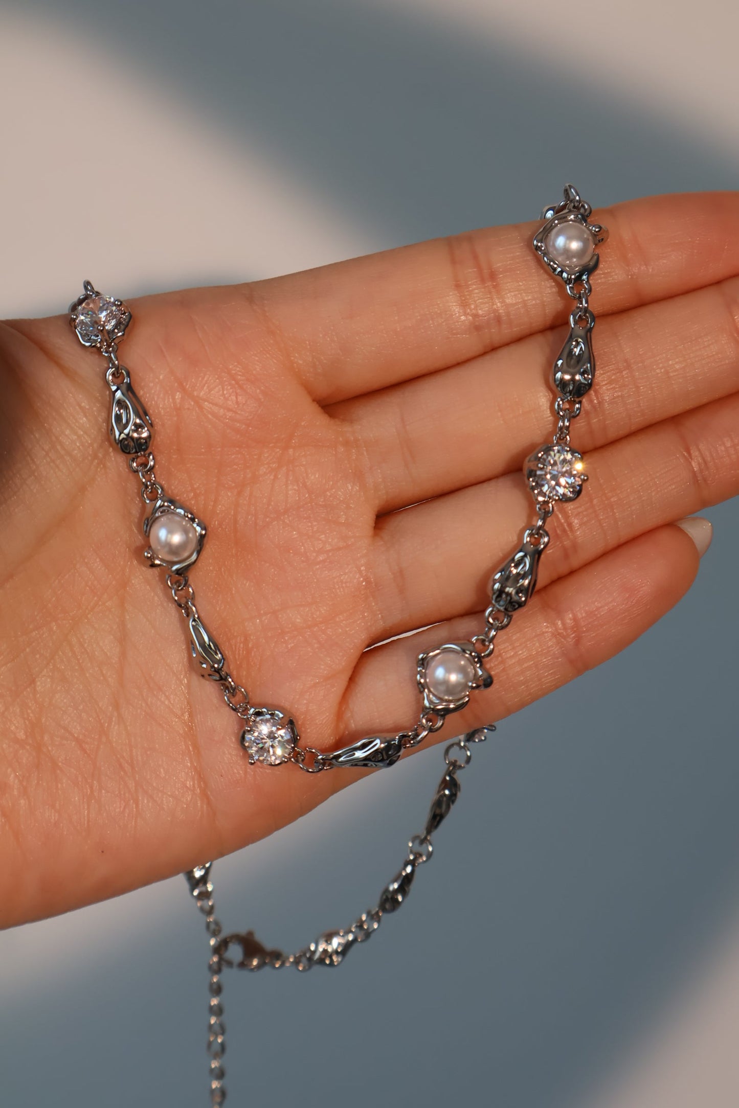 Palladium White Gold Plated Multi Diamond Pearl Necklace