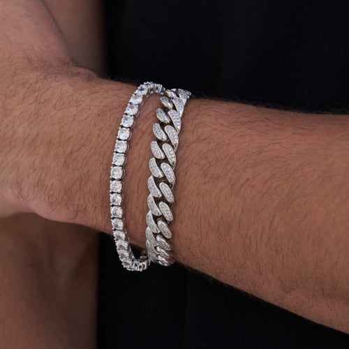 12mm Diamond Cuban + 5mm Tennis Bracelets Bundle - White Gold