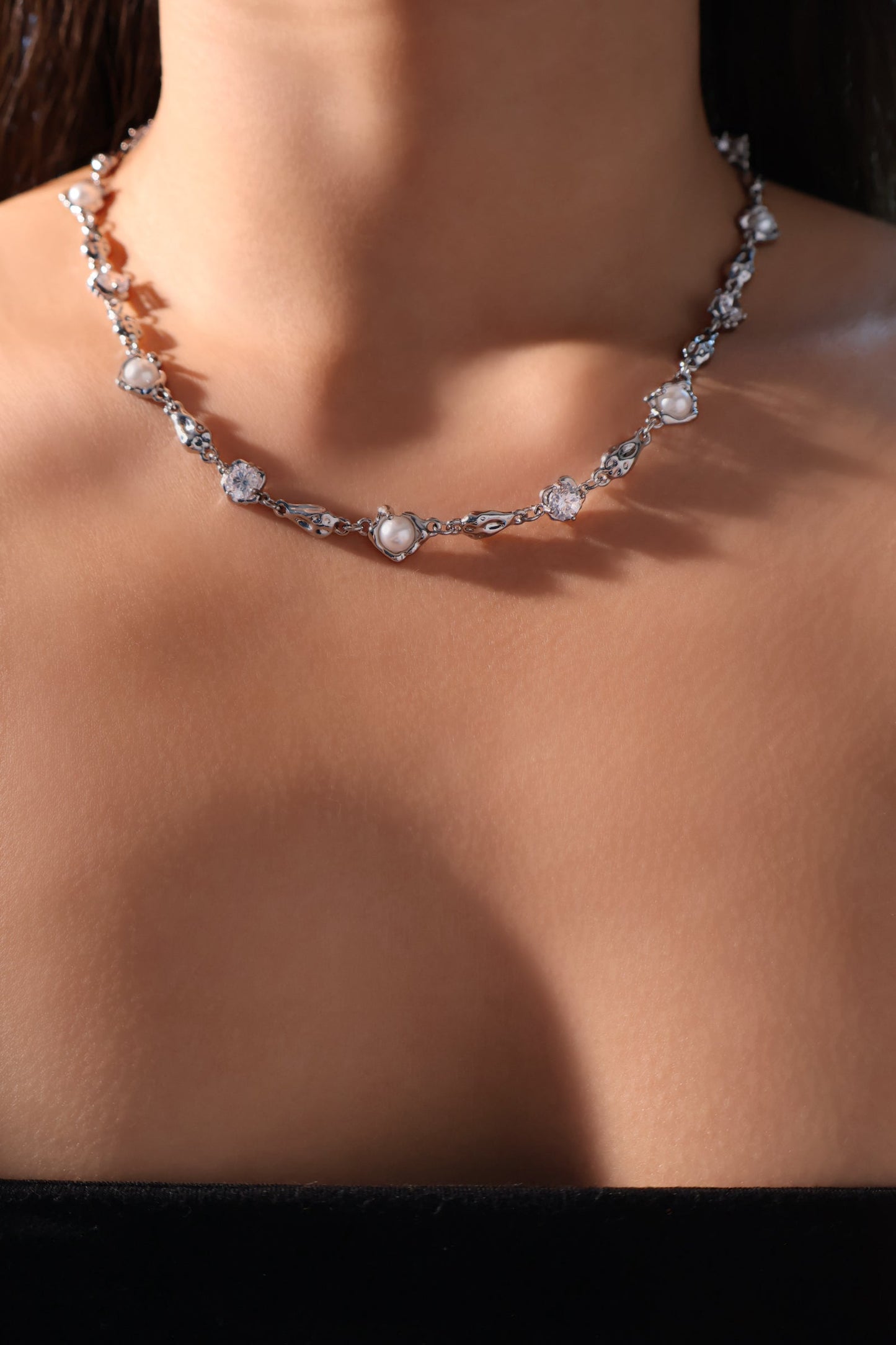 Palladium White Gold Plated Multi Diamond Pearl Necklace