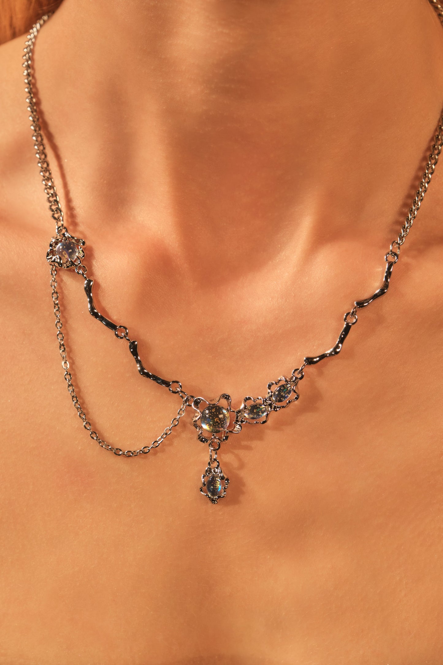 Palladium White Gold Plated Moonstone Dangle Necklace