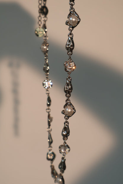 Palladium White Gold Plated Multi Diamond Pearl Necklace