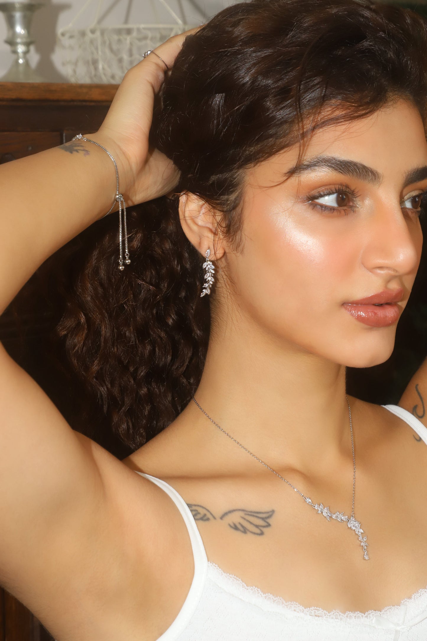 Palladium White Gold Plated Diamond Leaf Necklace