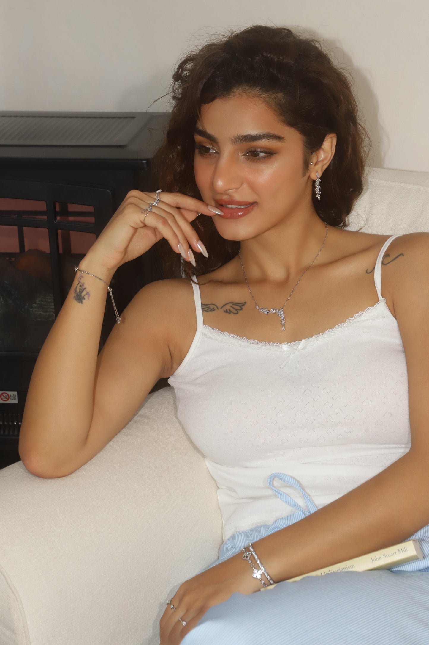 Palladium White Gold Plated Diamond Leaf Necklace
