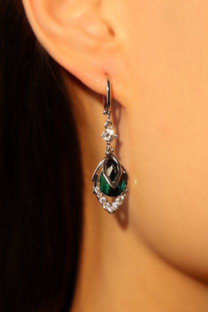 Palladium White Gold Plated Green Gem Droplet Earrings