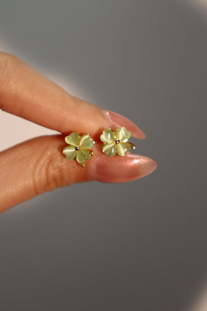 14K Real Gold Plated Spinning Jade Clover Earrings