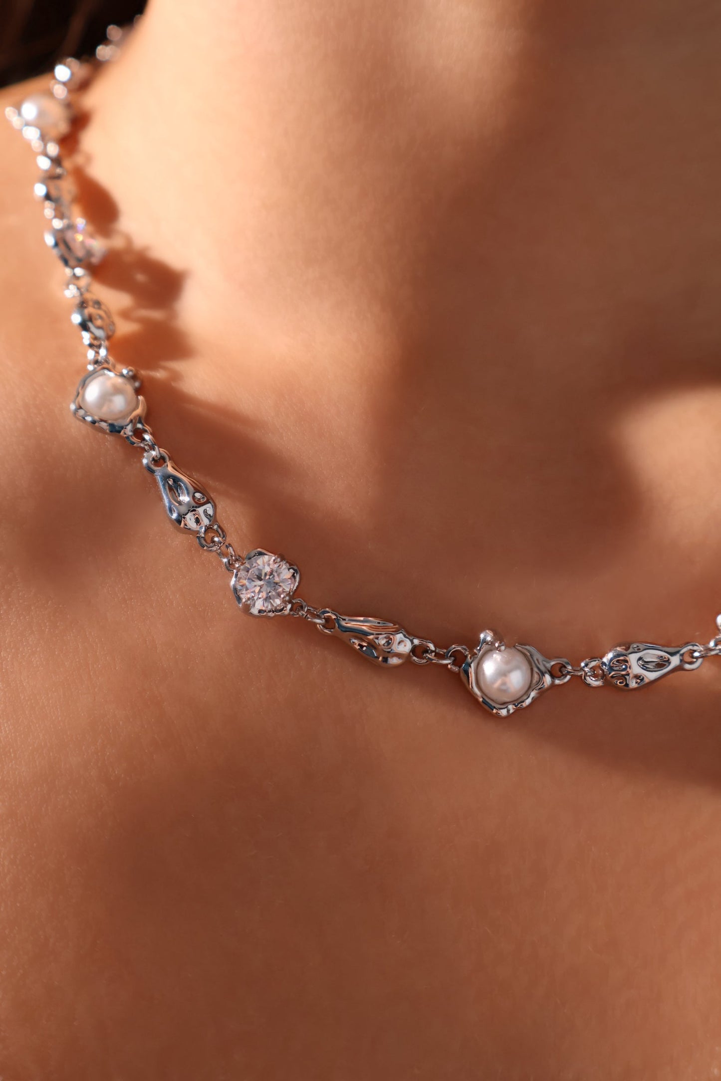 Palladium White Gold Plated Multi Diamond Pearl Necklace