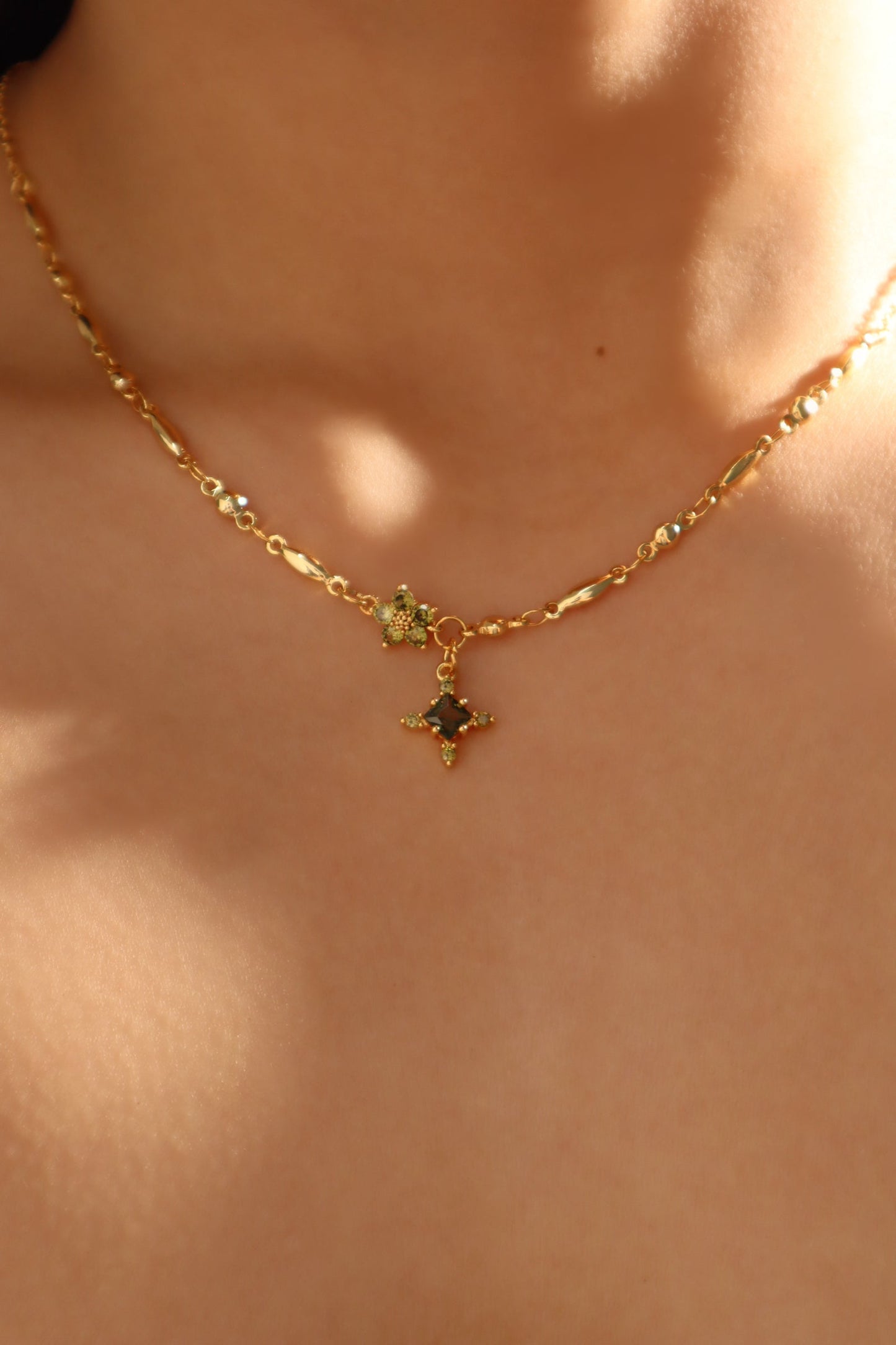 18K Real Gold Plated Peridot Starlight Cross Necklace