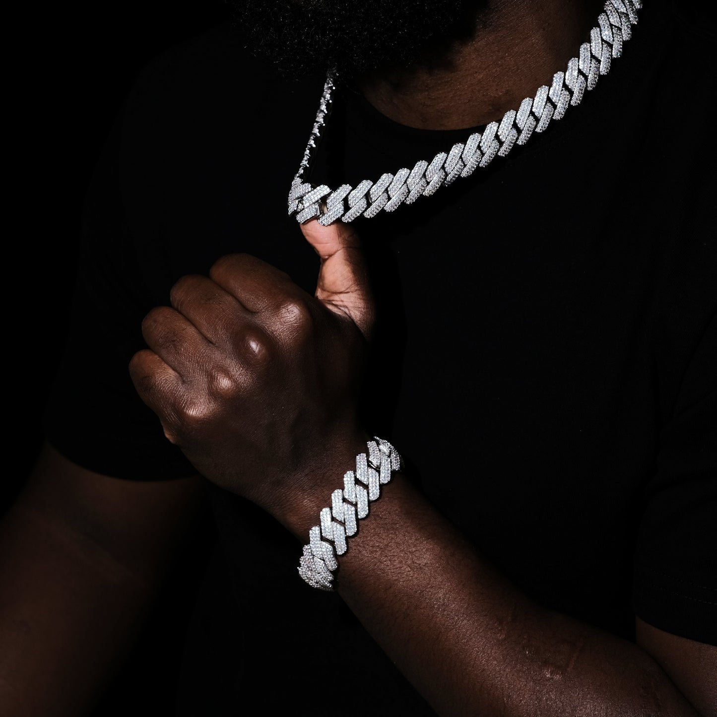 19MM 3Row Prong Cuban Link Necklace + Bracelet Bundle In WhiteGold