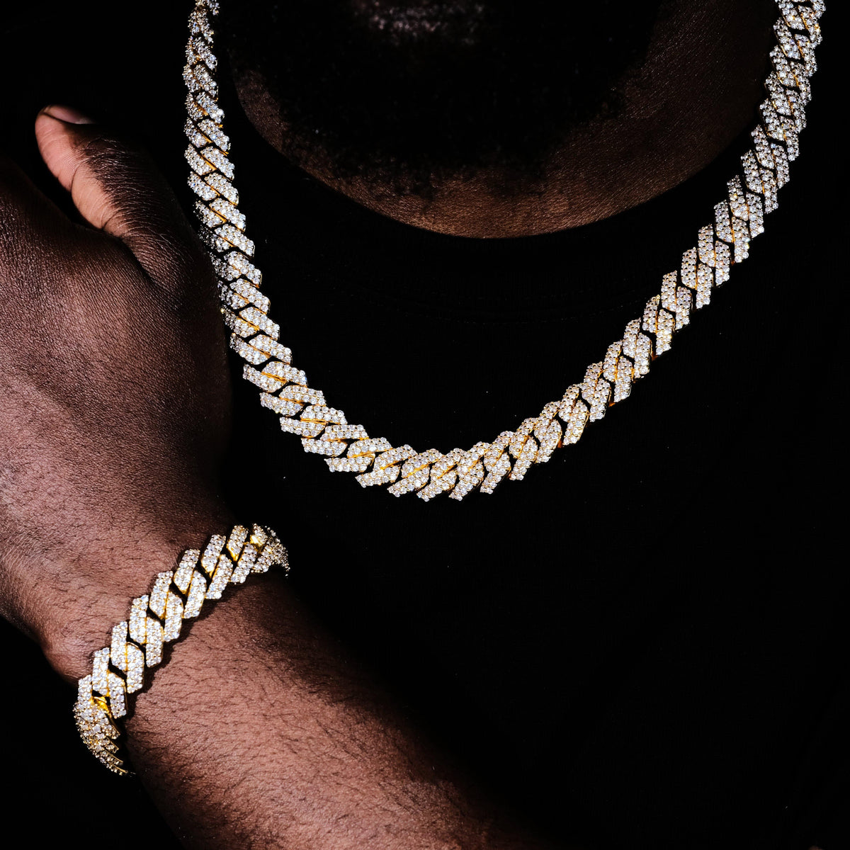 14MM 2Row Prong Cuban Link Necklace + Bracelet Bundle In 18K Gold