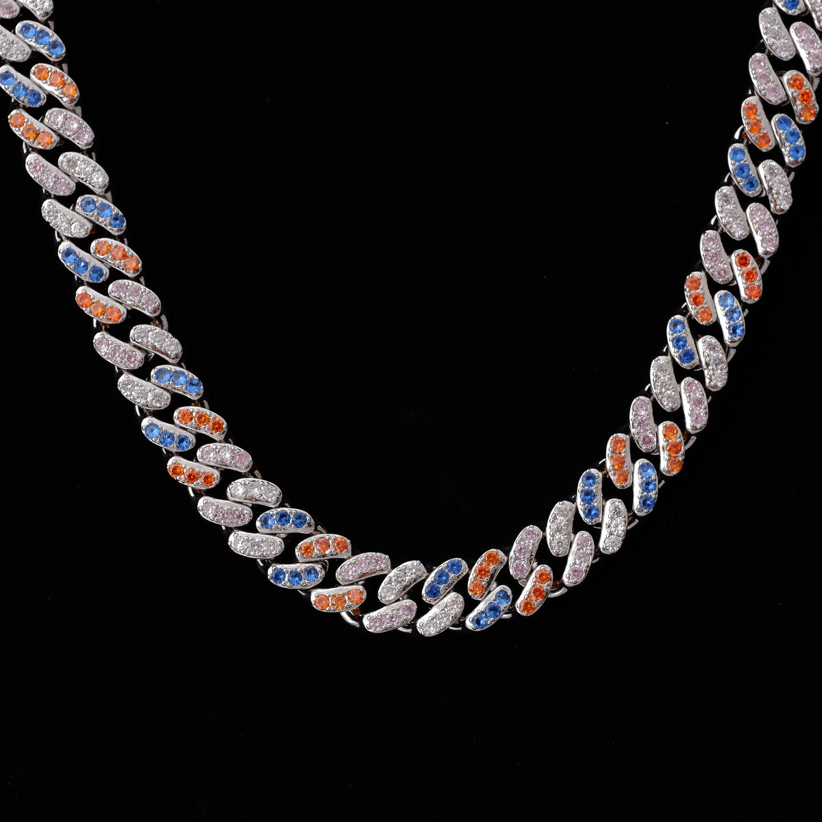 13mm 18K WhiteGold-Plated Colorful Iced Cuban Chain
