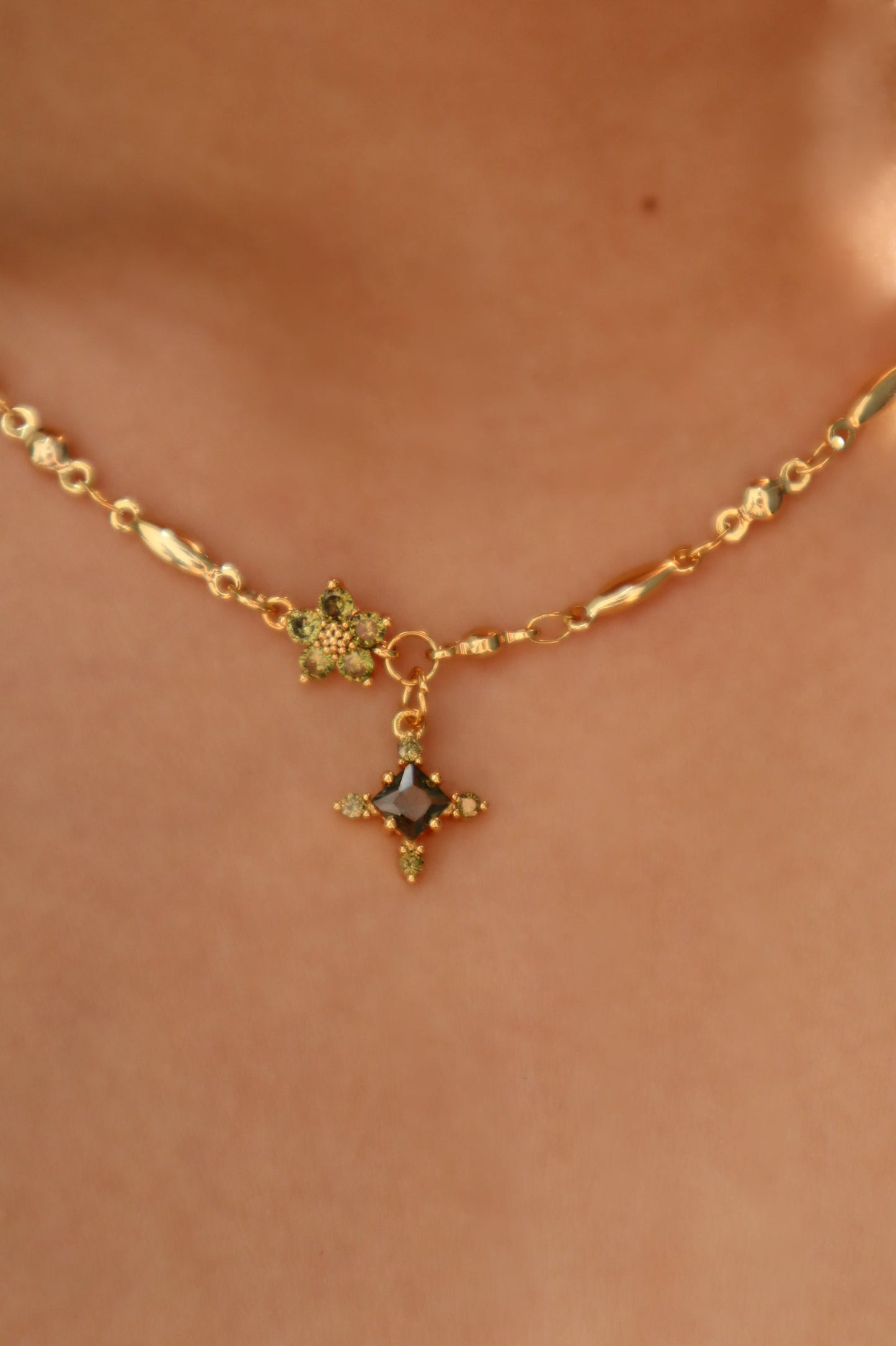 18K Real Gold Plated Peridot Starlight Cross Necklace