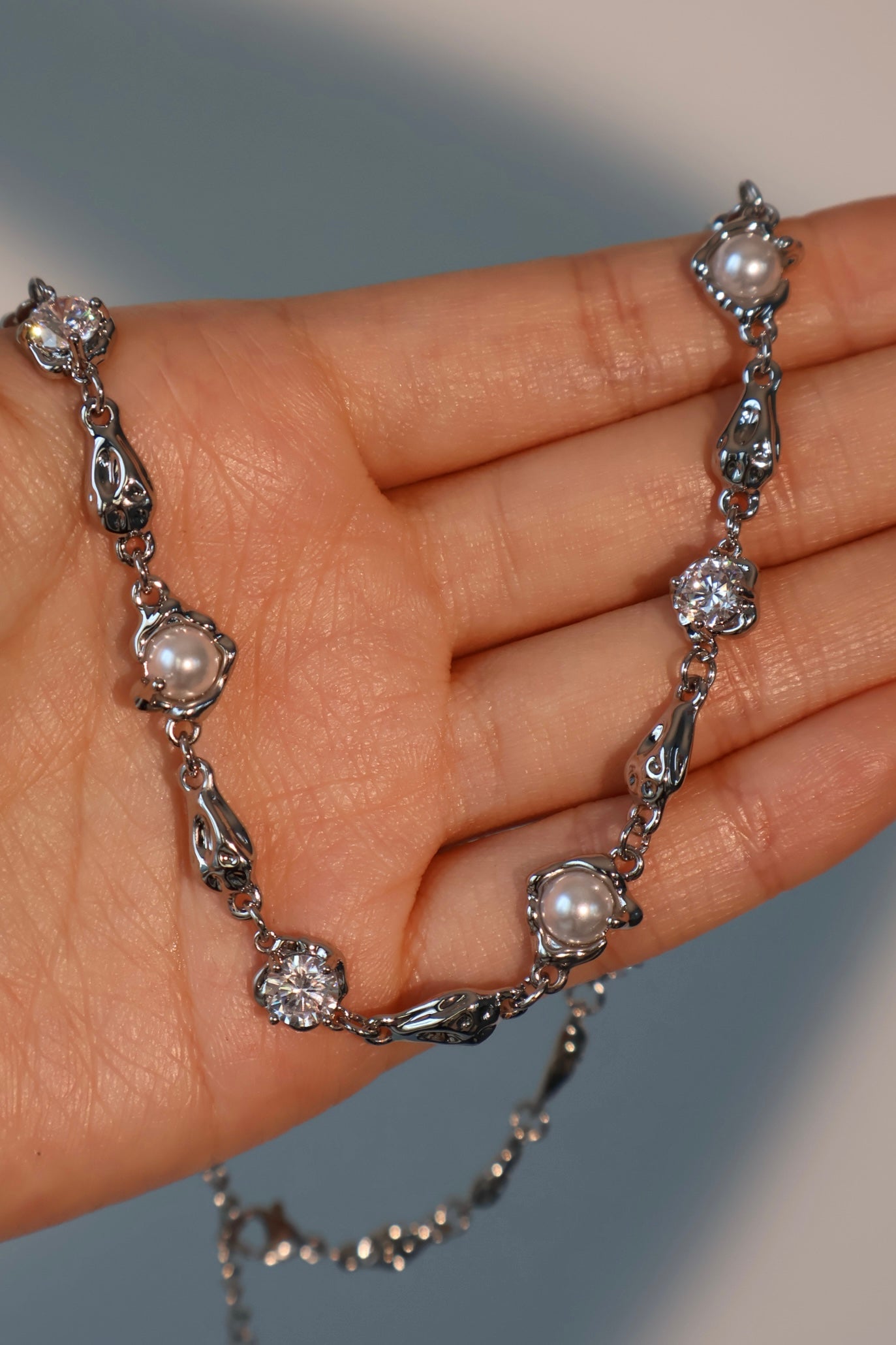 Palladium White Gold Plated Multi Diamond Pearl Necklace