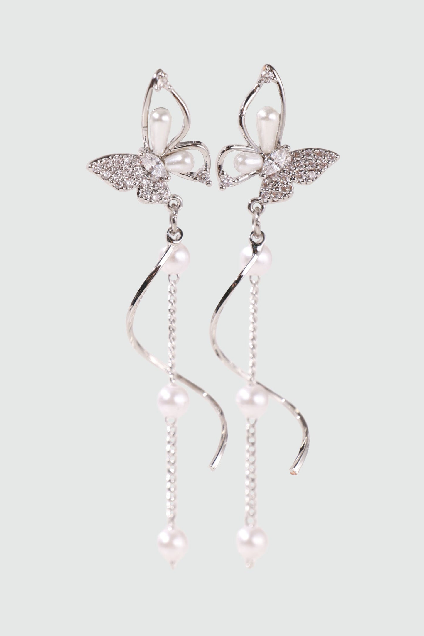 Palladium White Gold Plated Diamond Butterfly Pearls Dangle Earrings