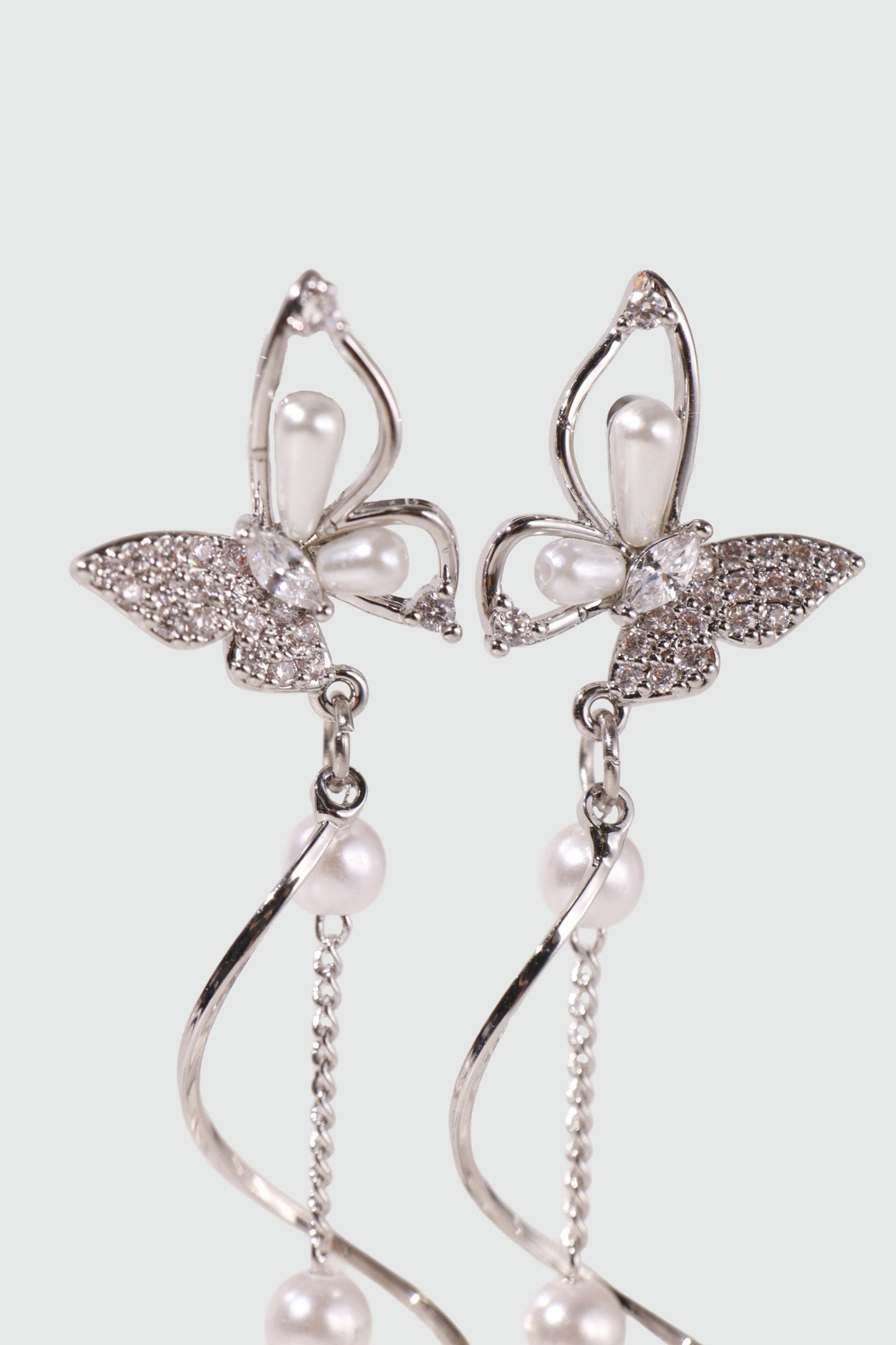 Palladium White Gold Plated Diamond Butterfly Pearls Dangle Earrings