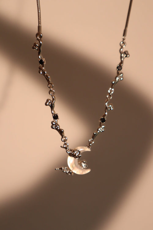 Palladium White Gold Plated Black Gem Natural Shell Moon Necklace