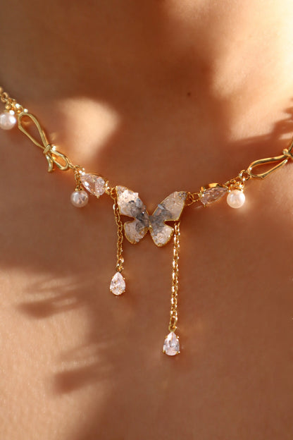 18K Real Gold Plated Blue Crystal Butterfly Necklace