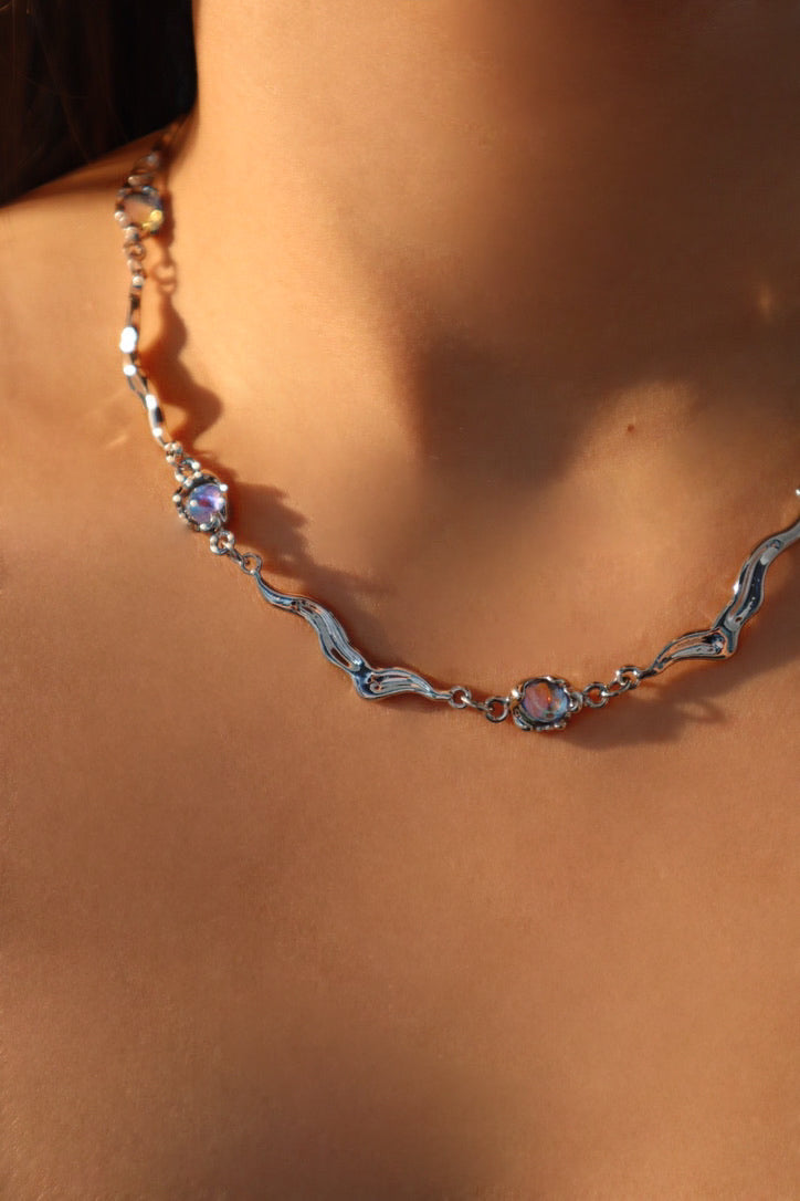 Palladium White Gold Plated Multi Moonstones Wave Necklace