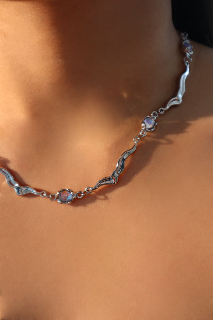 Palladium White Gold Plated Multi Moonstones Wave Necklace