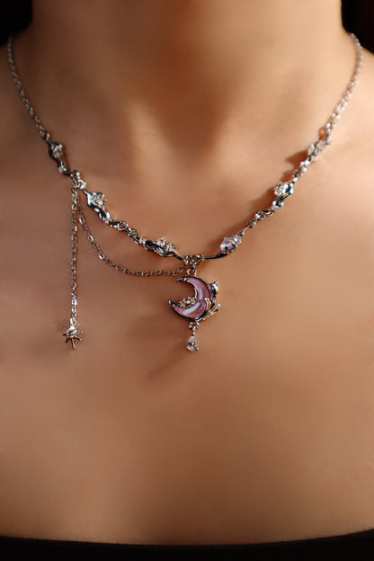 Palladium White Gold Plated Sparkle Rose Moon Necklace