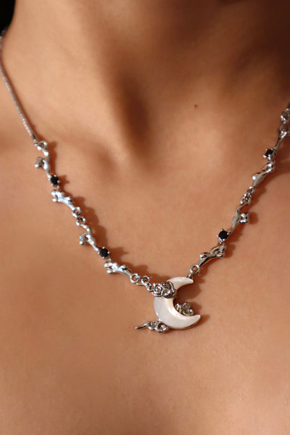 Palladium White Gold Plated Black Gem Natural Shell Moon Necklace