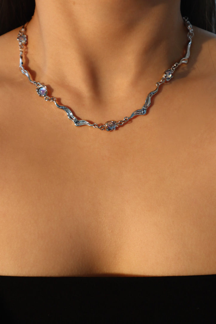 Palladium White Gold Plated Multi Moonstones Wave Necklace