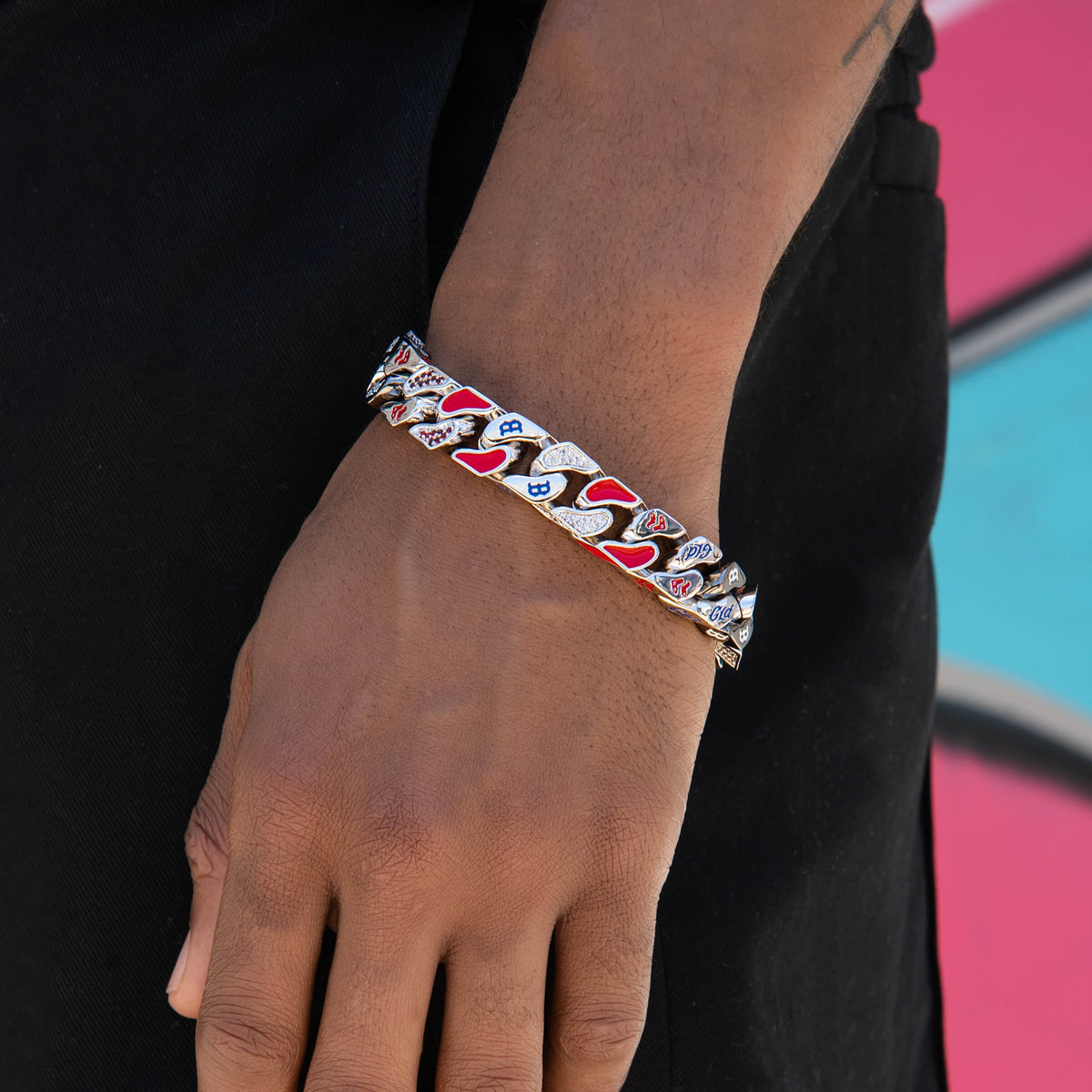 Boston Red Sox Official MLB Stealth Cuban Bracelet in White Gold