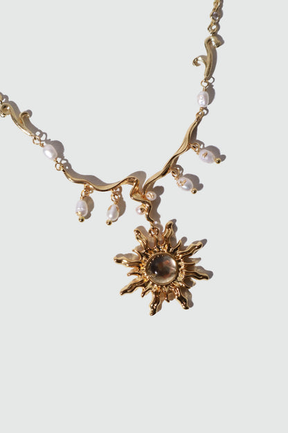 18K Real Gold Plated White Opal Sun Pearls Necklace
