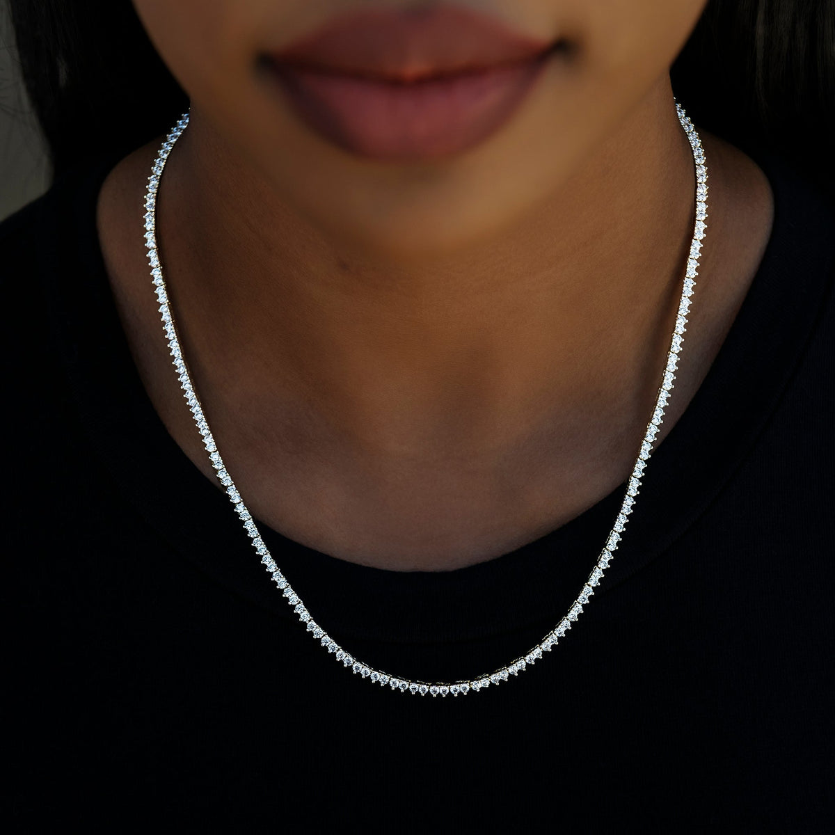 3 Prong Tennis Necklace in Yellow Gold -2mm