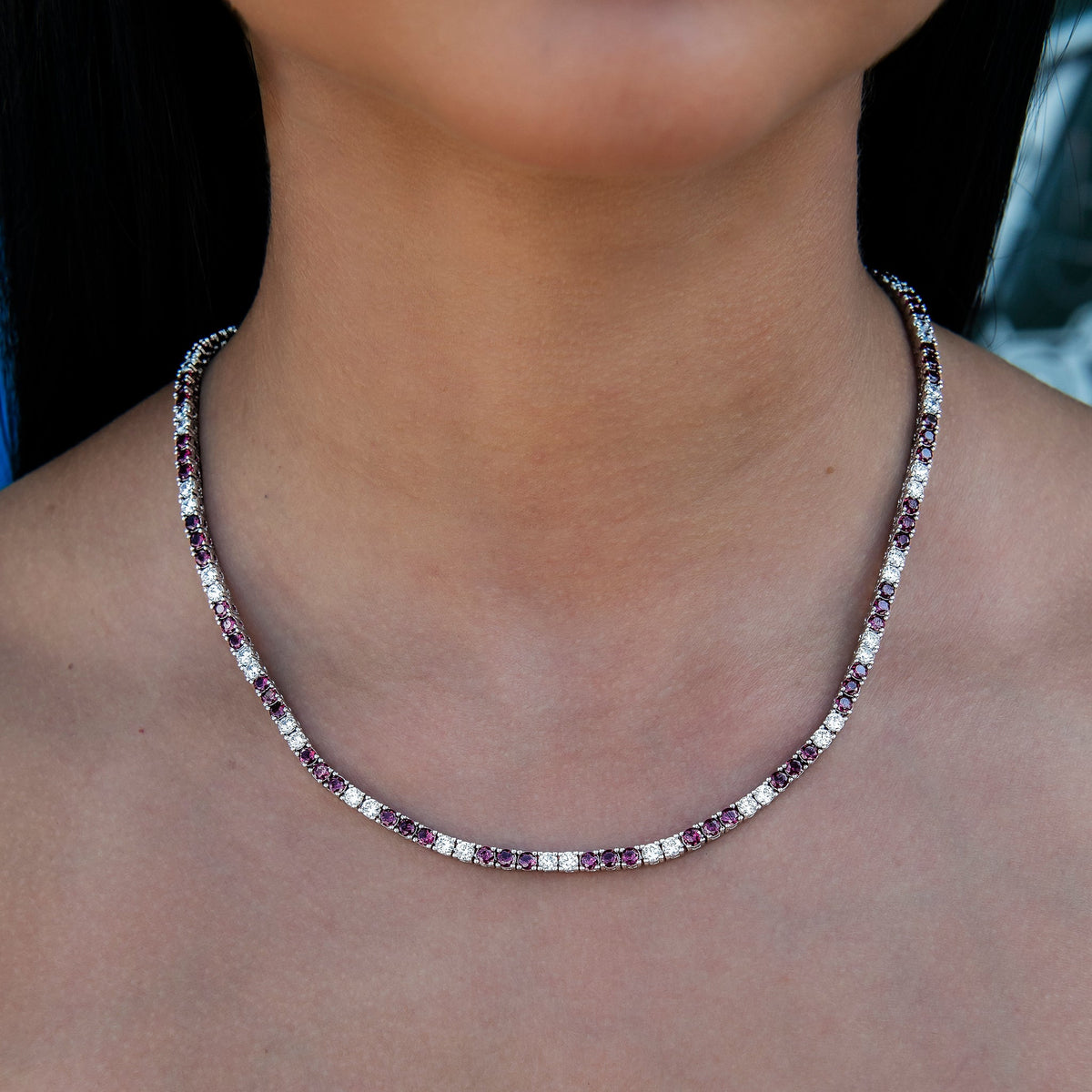 3MM Diamond Tennis Necklace - Burgundy White