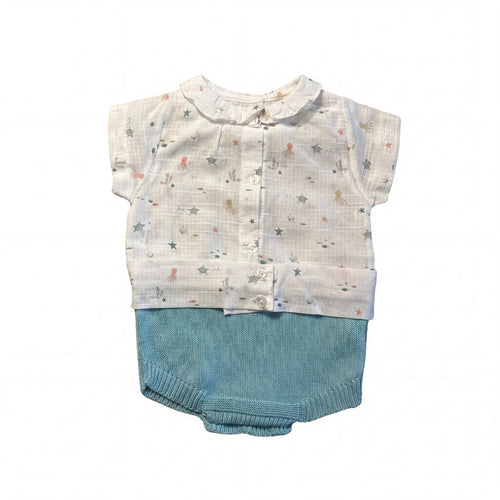 Aquamarine Printed Romper with Collar — AGÜ Baby Spanish baby clothes