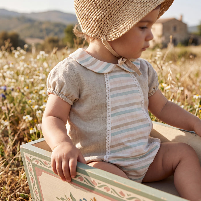 "Azariah" Linen Striped Shortie — view 2 — handcrafted in Spain — AGÜ Baby