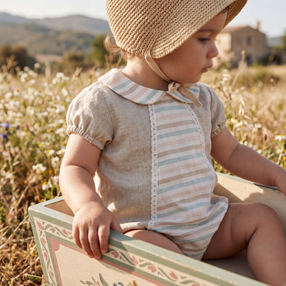 "Azariah" Linen Striped Shortie — view 2 — handcrafted in Spain — AGÜ Baby