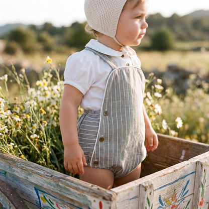 Boys Grey Set White Shirt and Romper with Stripes — view 2 — handcrafted in Spain — AGÜ Baby