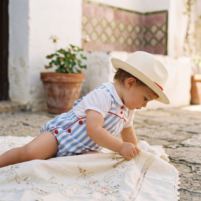 Boys Light Blue Set White Shirt and Romper — view 2 — handcrafted in Spain — AGÜ Baby