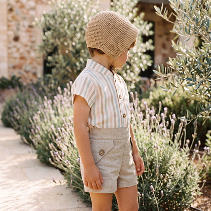 Boys "Pascal" Pastel Striped Linen Shirt & Shorts — view 2 — handcrafted in Spain — AGÜ Baby