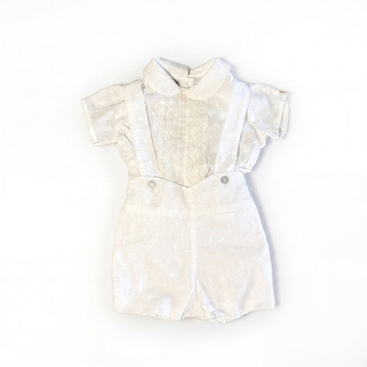 Boys White Plumeti Lace Shirt & White Jam Pants With Braces